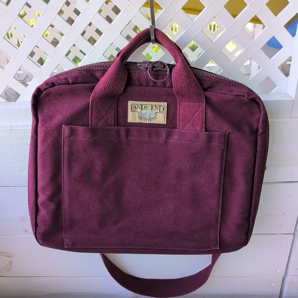 Vintage Maroon Canvas Lands' End Square Rigger Briefcase Bag Adjustable Strap